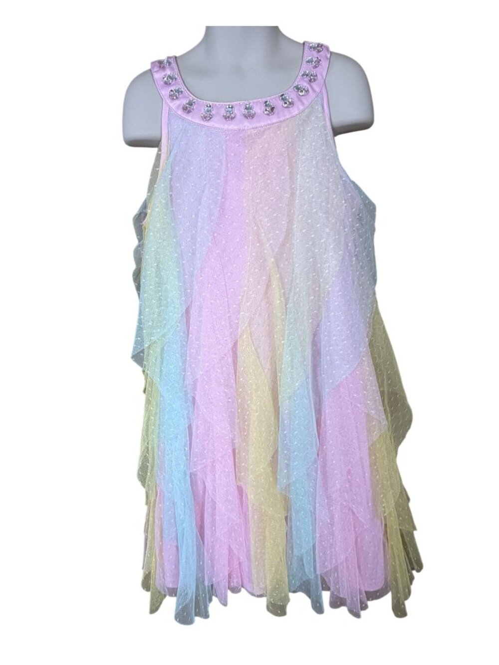 Tahari Kids Pastel Rainbow Lined Tulle Wavy Ruffled Sleeveless Tank Dress 8